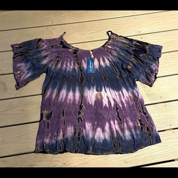 Lani California Tops - Blue Spero Boho Purple Tie Dye Flowy Cold Shoulder Top USA Boutique Lani CA